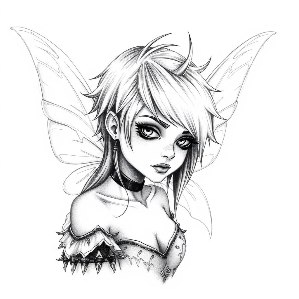 Gothic Punk Fairy: Pencil Drawing in Black and White