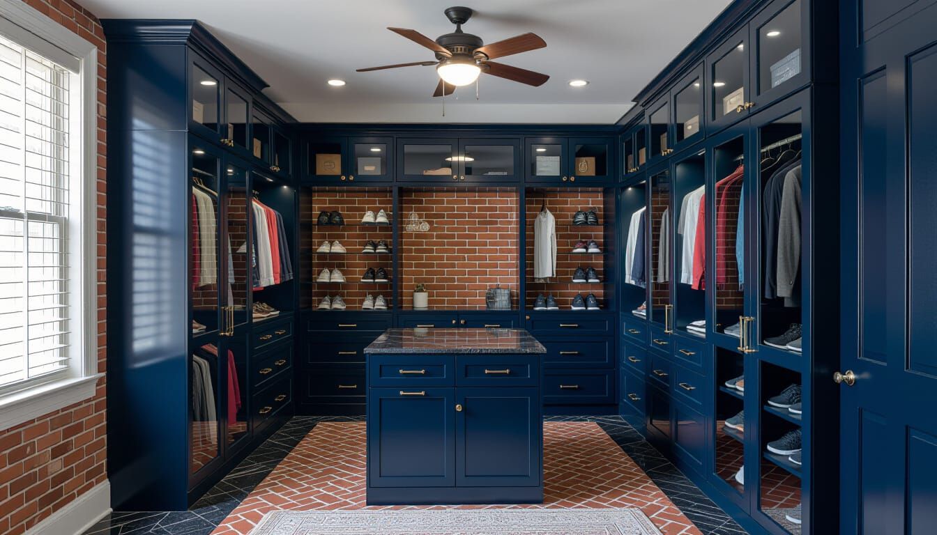 Victorian Walk-In Closet: Dark Blue & Brick Style