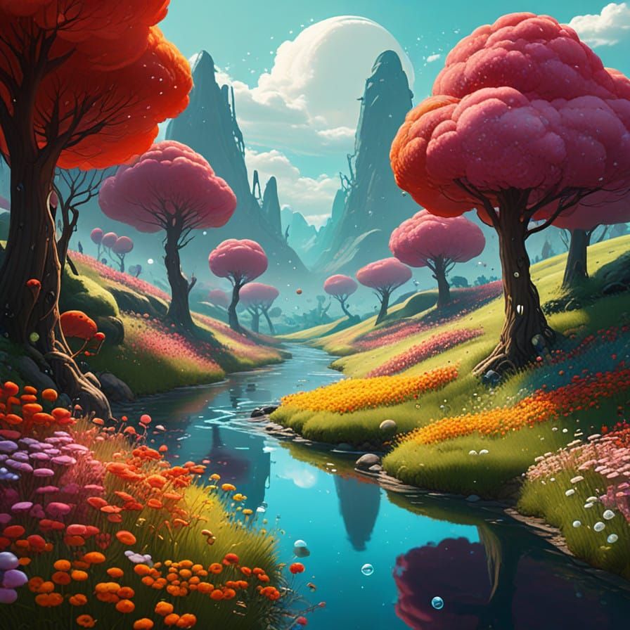 Dreamlike Meandering Stream in Vibrant, Fantastical Landscap...
