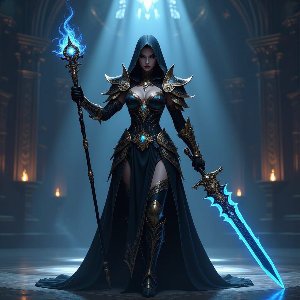 Sorceress in Ornate Armor Wielding Magic Sword