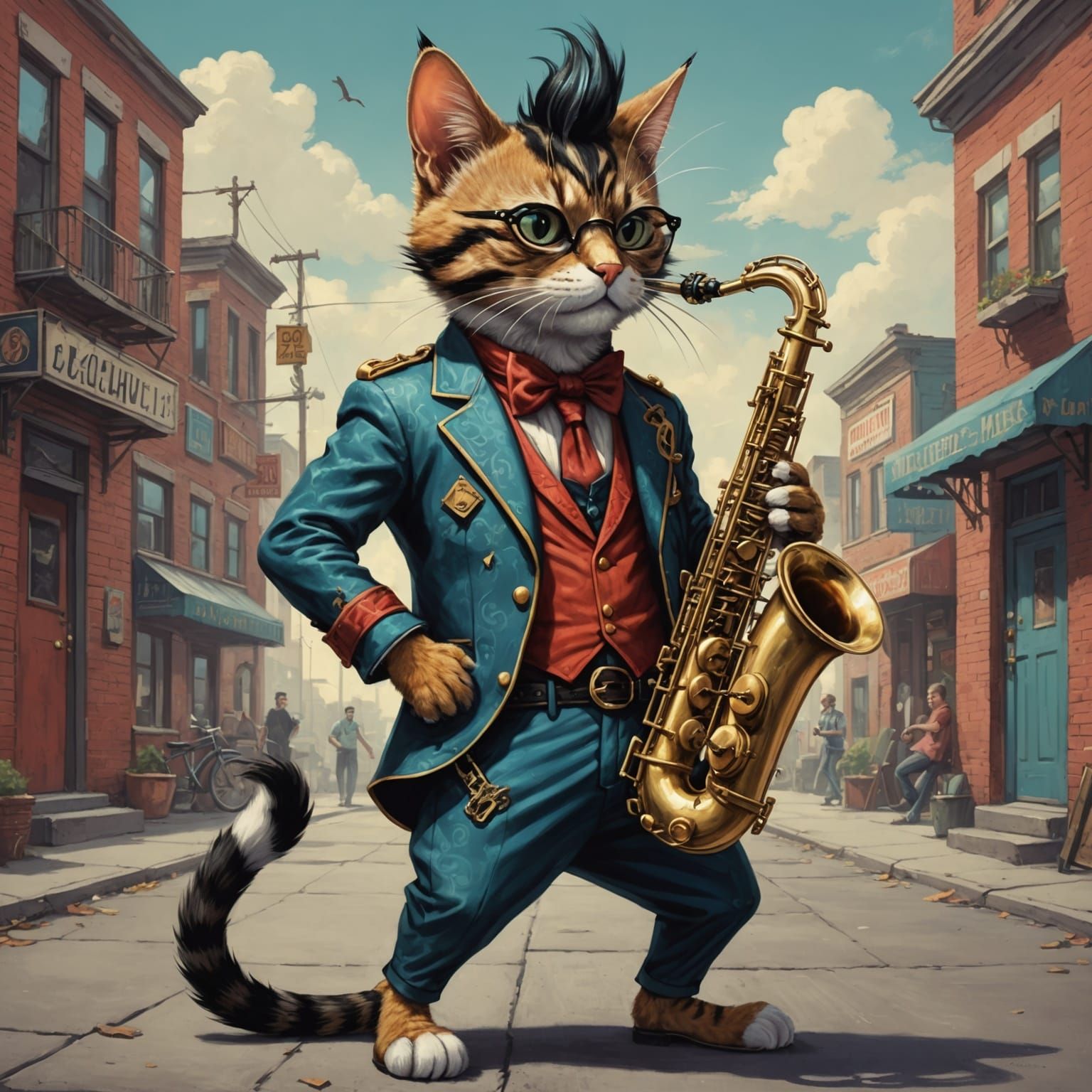 Rockabilly Cat Performs Saxophone Solo in Vibrant Fantasy Se...