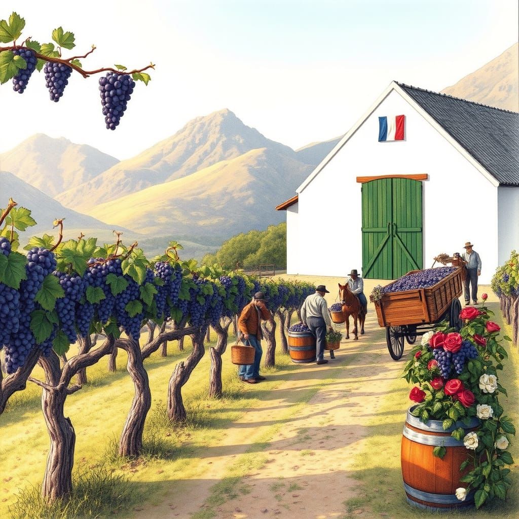 Franschhoek Harvest Scene in Vintage Illustration Style