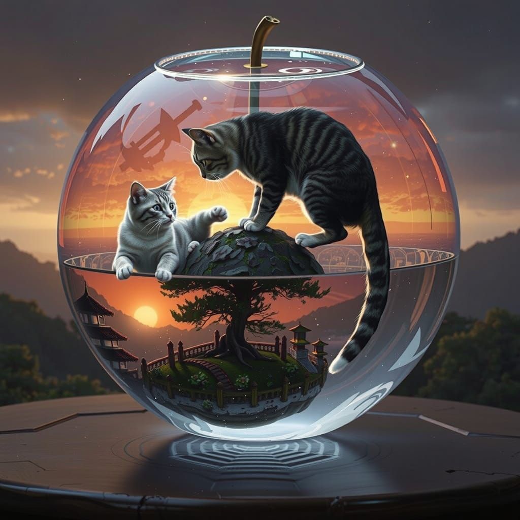 Cats' Karate Match Inside a Glass Apple, Fantasy Art