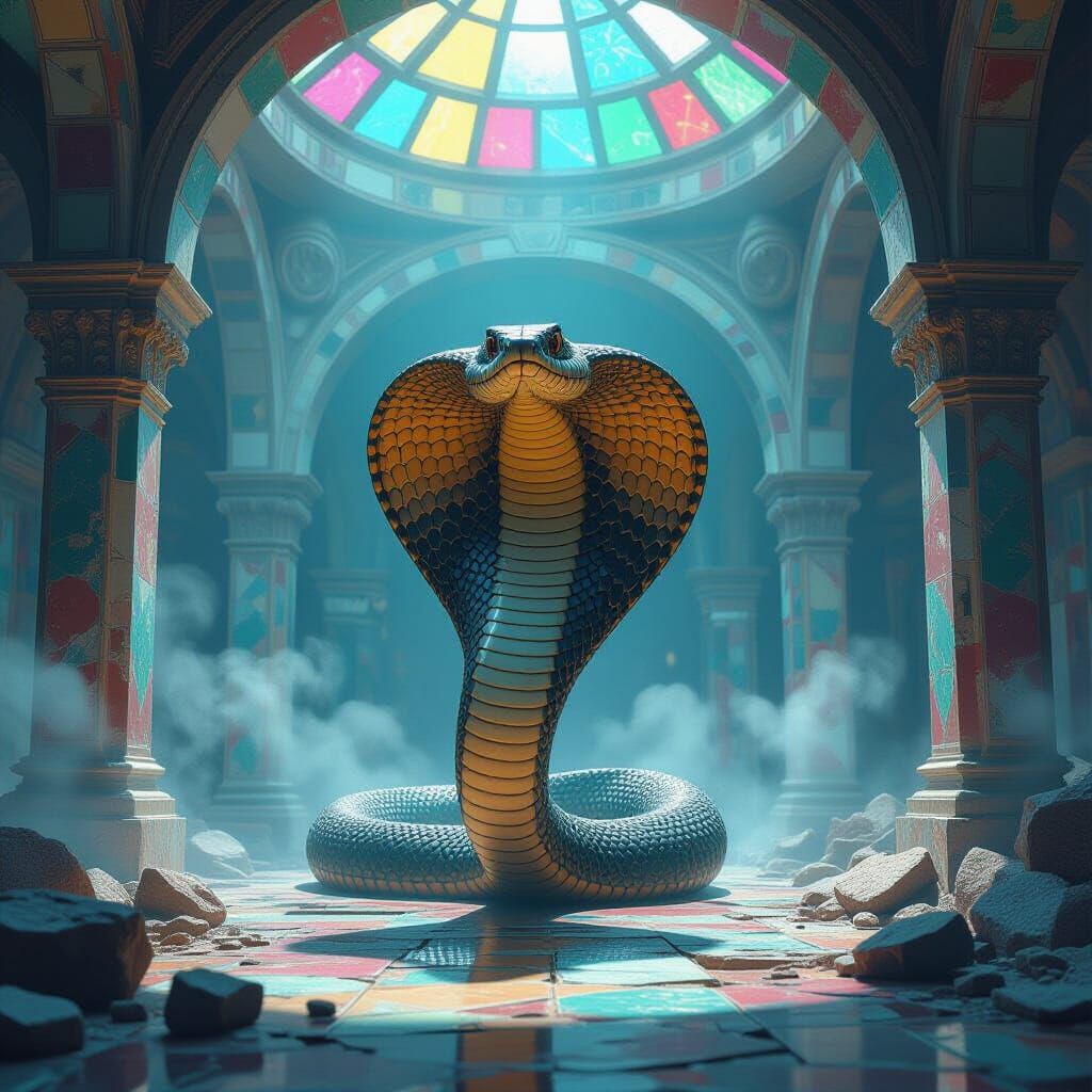 Cobra in Crumbling Temple with Luminous Arches