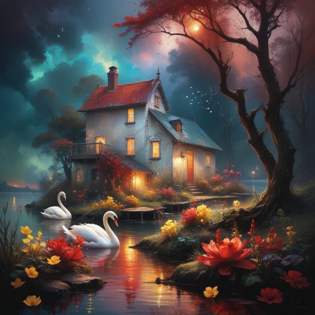 Surrealistic Swans in a Vibrant Sunset Landscape