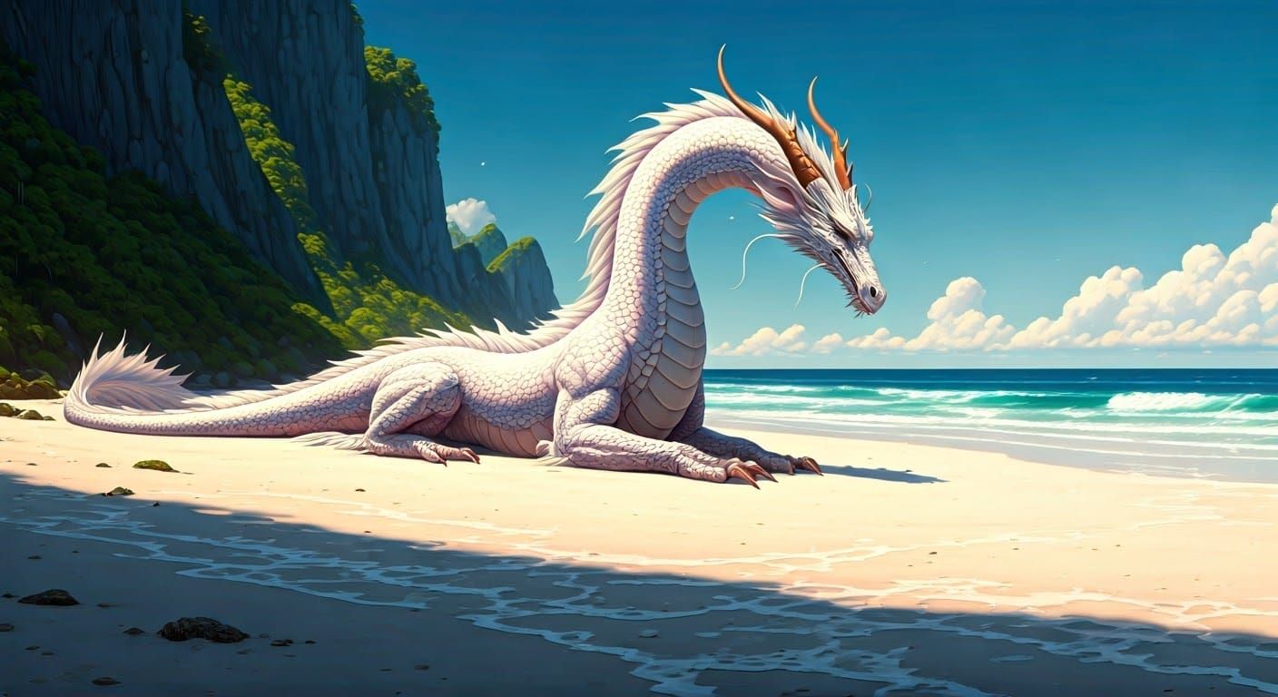 Majestic White Dragon Basks in Warm Sunshine