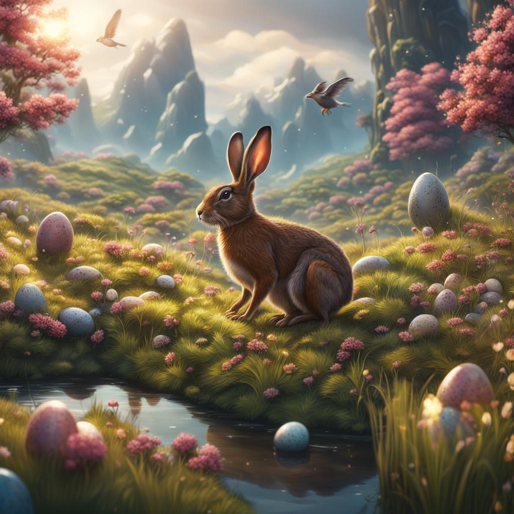 Mythical Hare and Eggs Amidst Vibrant Spring Landscapes in F...