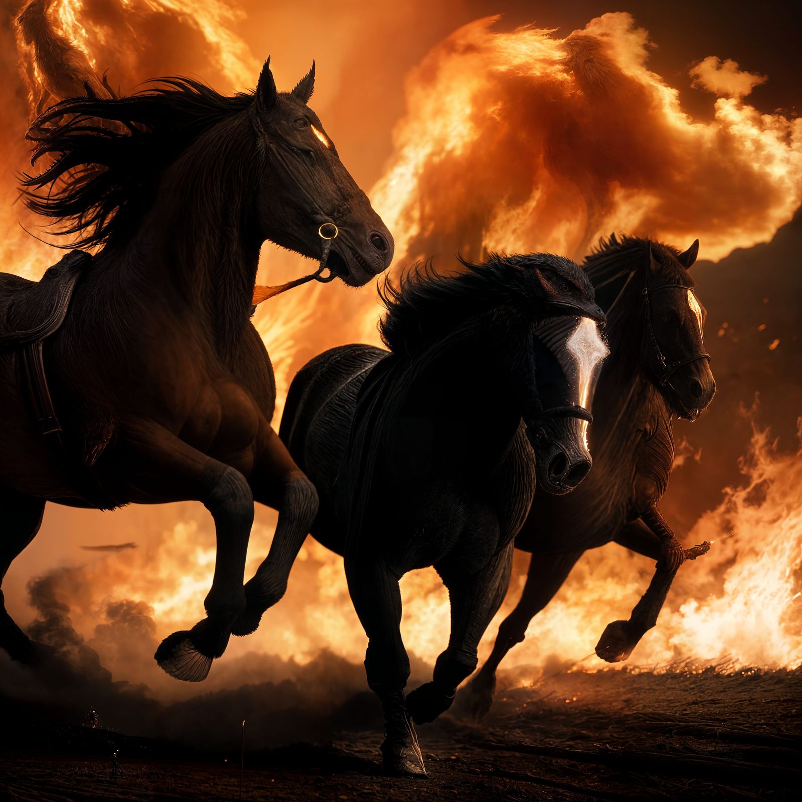 Cinematic Film Still of Epic Fire Worses