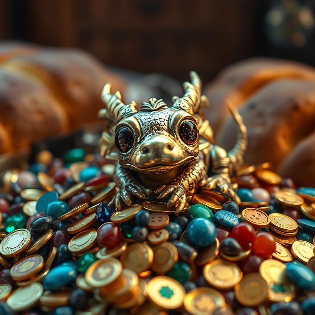 Charming Brass Dragon Surrounded by Treasure and Baked Goods