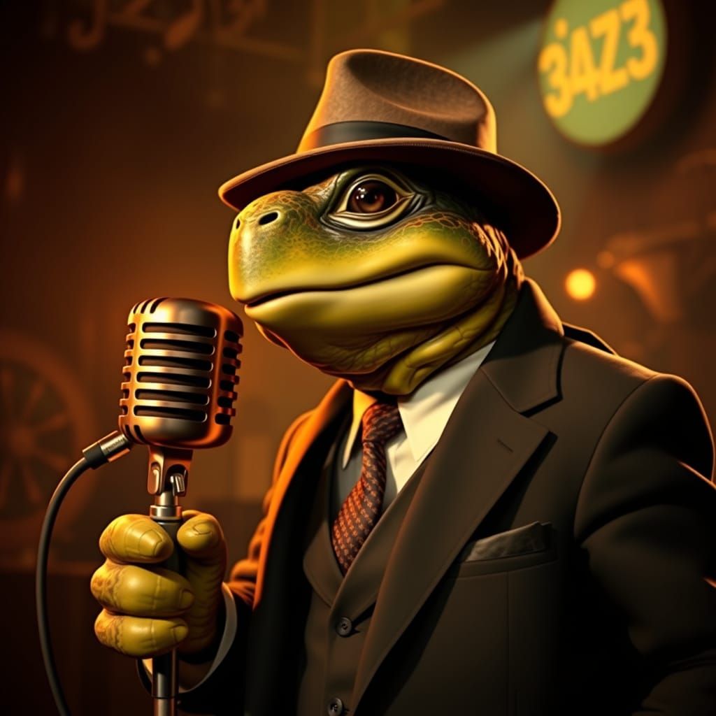 A Singing Turtle with an old style microphone