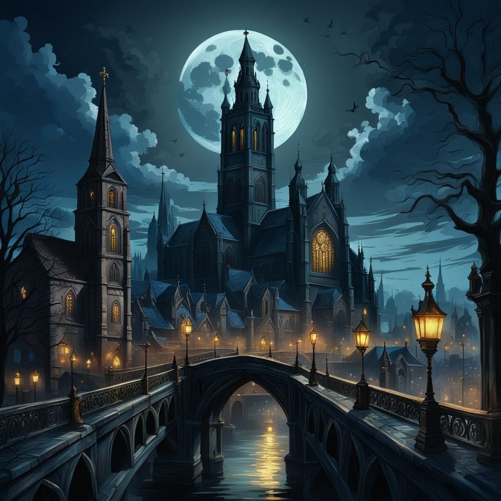 Midnight on a Quaint Bridge Under the Moonlit City