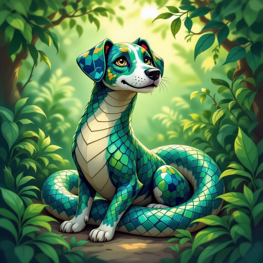 Whimsical Serpent Dog in Enchanted Foliage