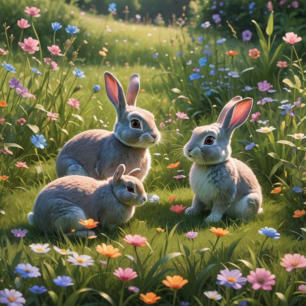 Bunnies Play in Vibrant 3D Digital Art Landscape