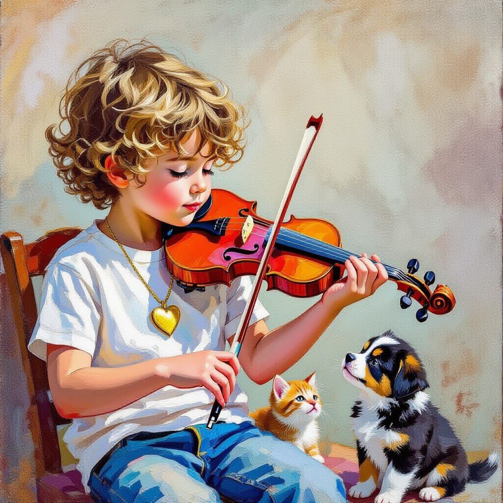 Boy Plays Violin for Kitten in Gouache Style