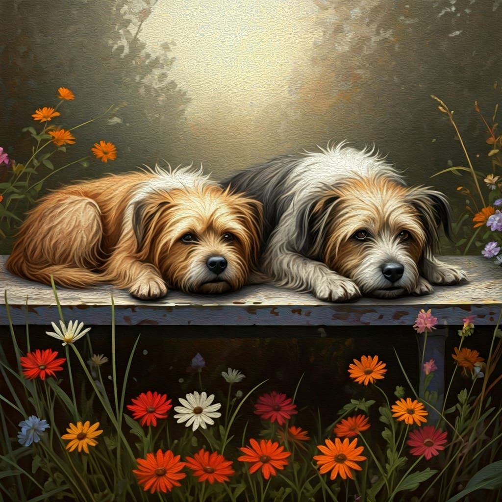 Scruffy Dogs on a Bench in Oil Paint Style