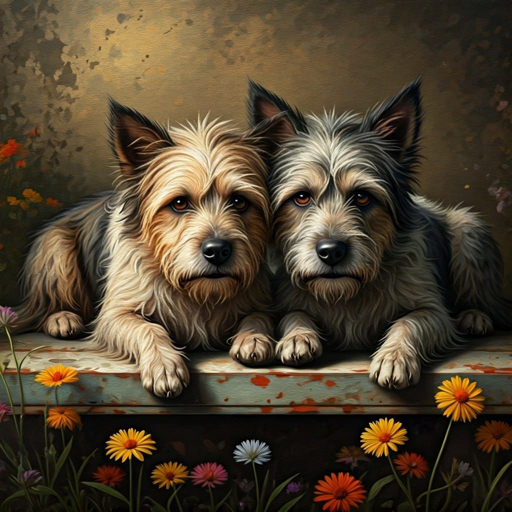Dogs on Bench in Rembrandt-esque Style