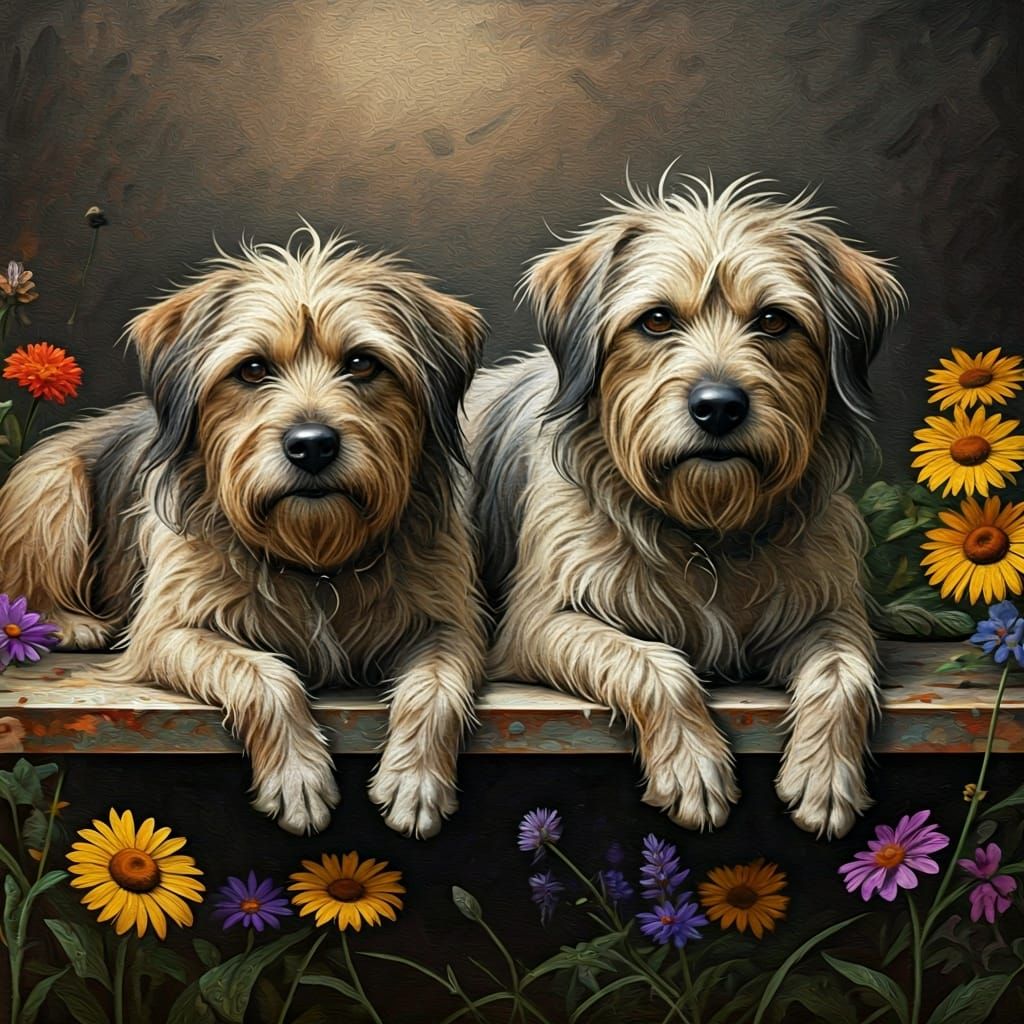 Scruffy Dogs on Bench in Expressive Oil Painting Style