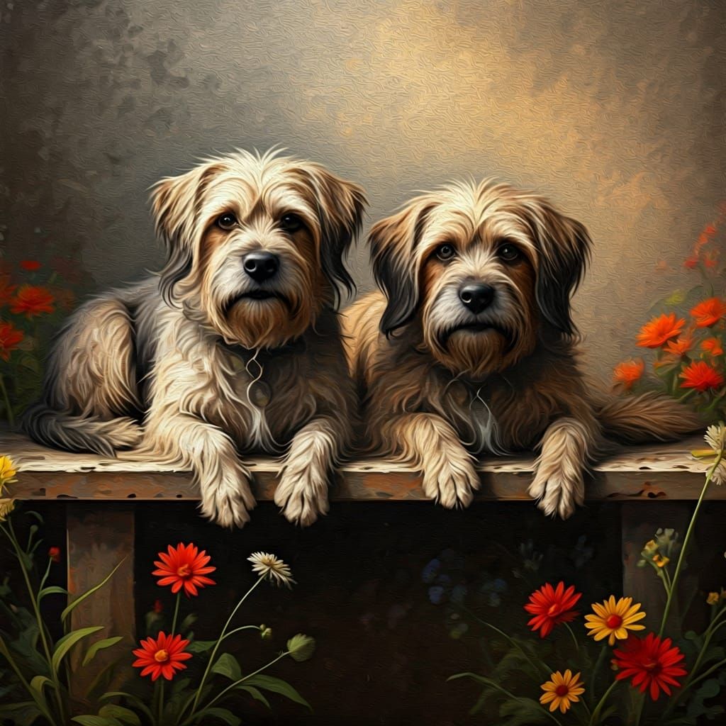Scruffy Dogs on Bench, Oil Painting Style