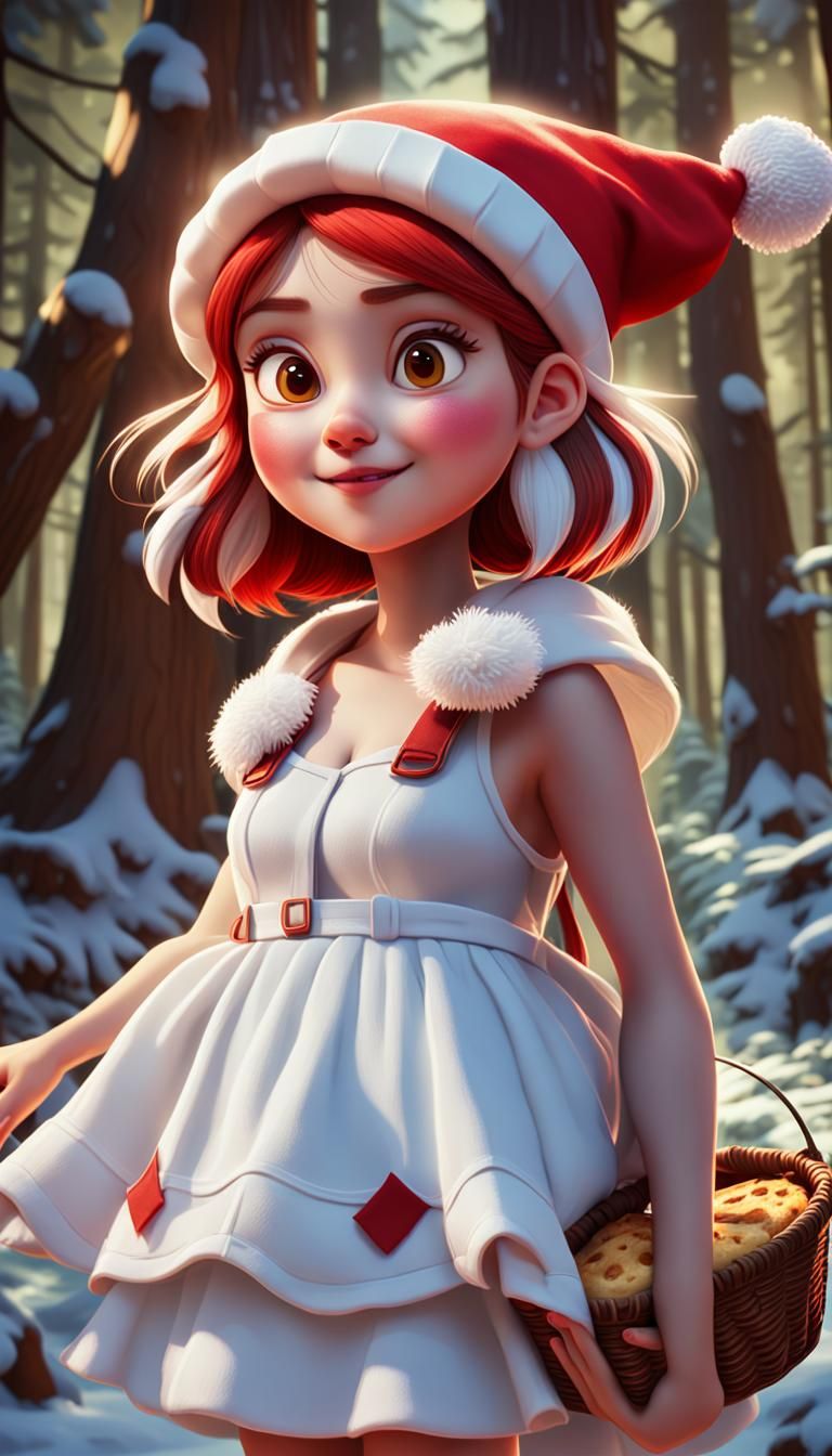 Whimsical Cartoon Girl in Red Cap Delights in Forest Bakesho...
