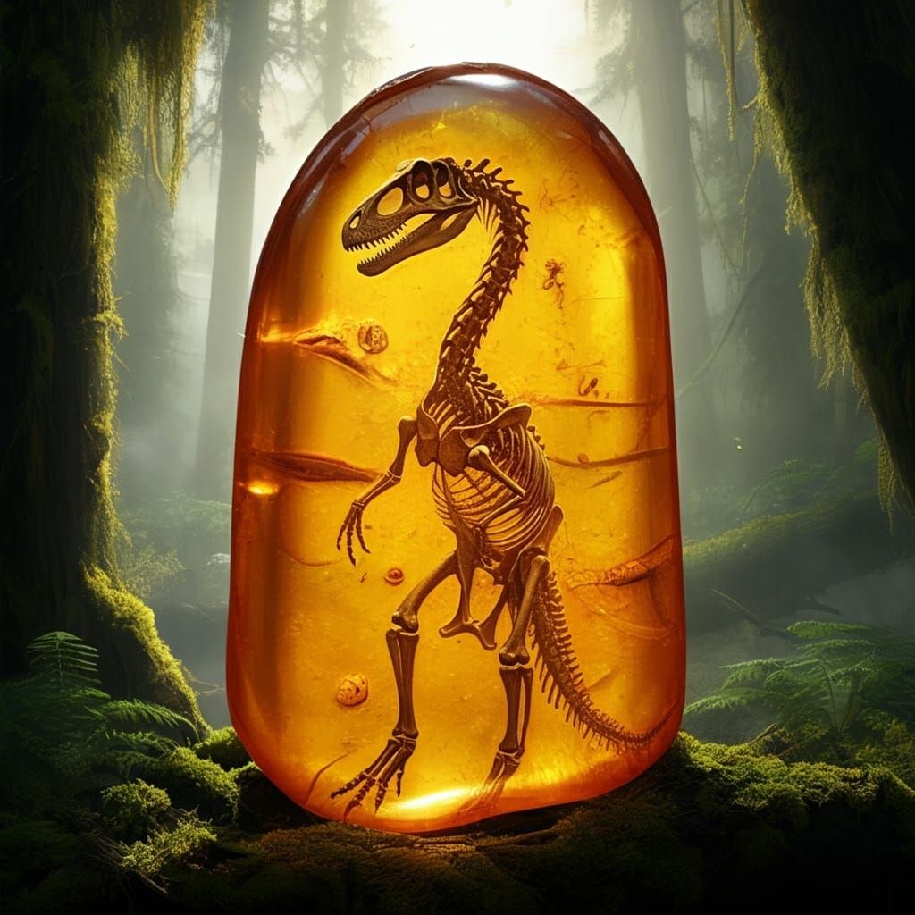 Towering Dinosaur Fossil in Amber, Set Against a Prehistoric...