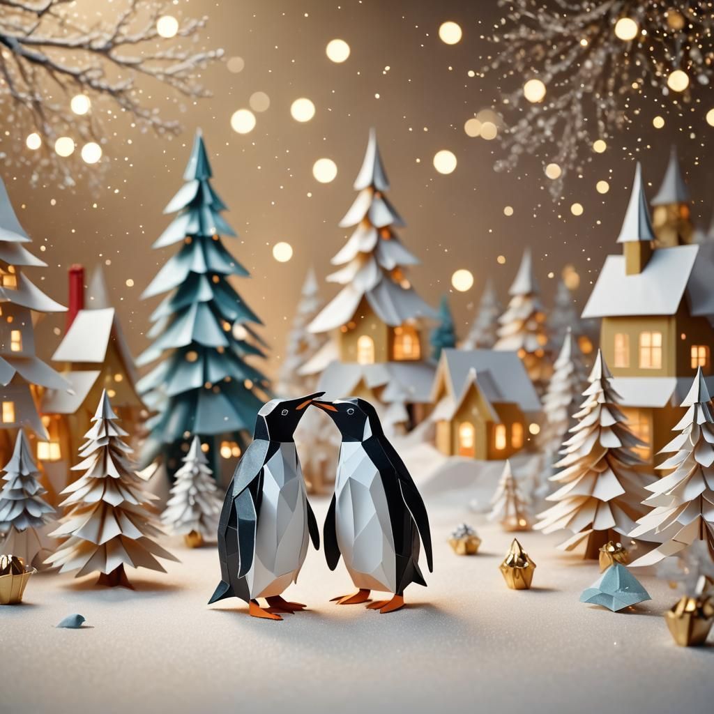Delicate Origami Penguin Meets Jolly Santa at the North Pole
