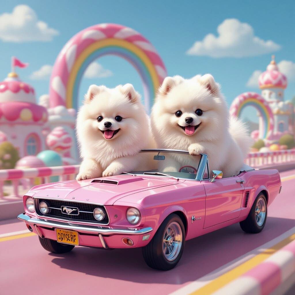 Fluffy Pomeranians Cruise Pink Mustang Down Candy Land Drive