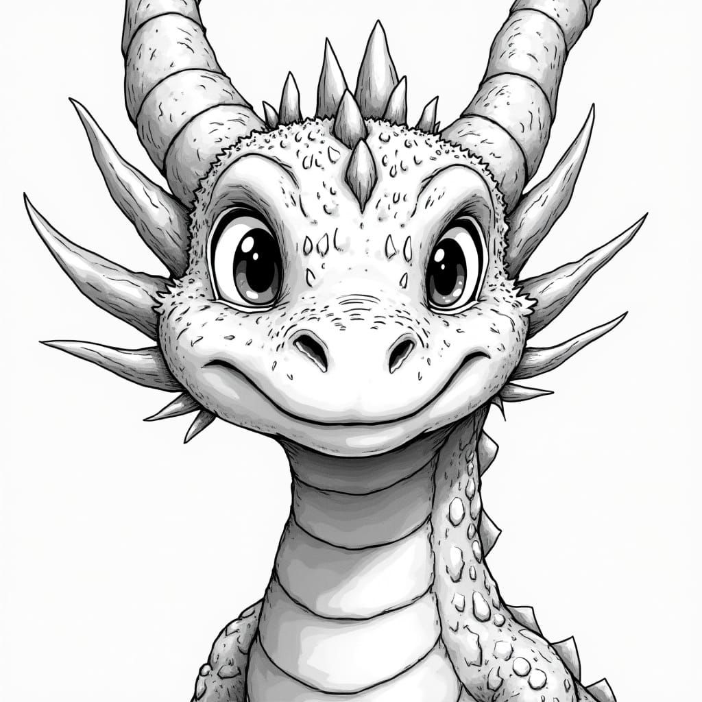 Friendly Anime Dragon in Stylized Black-and-White Illustrati...