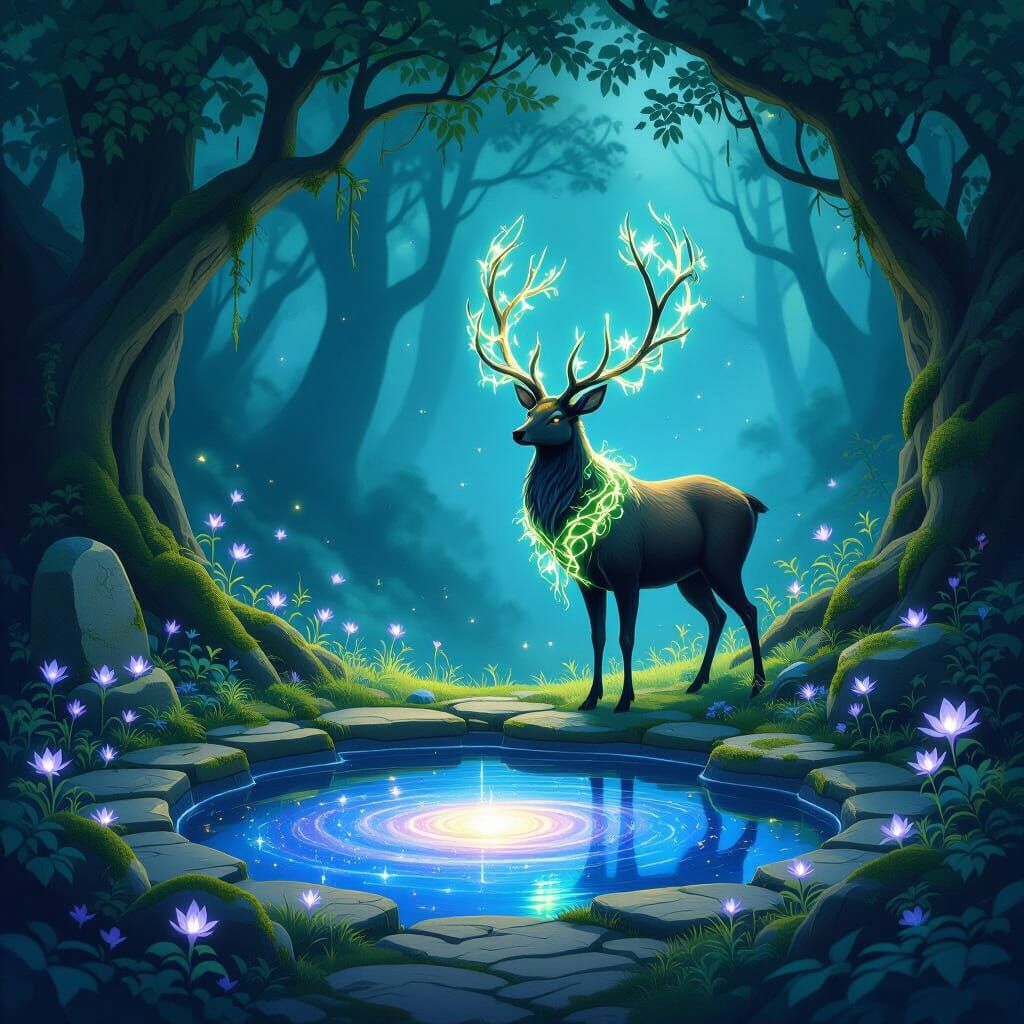 Spectral Stag in Moonflower Glade with Galaxy Pool