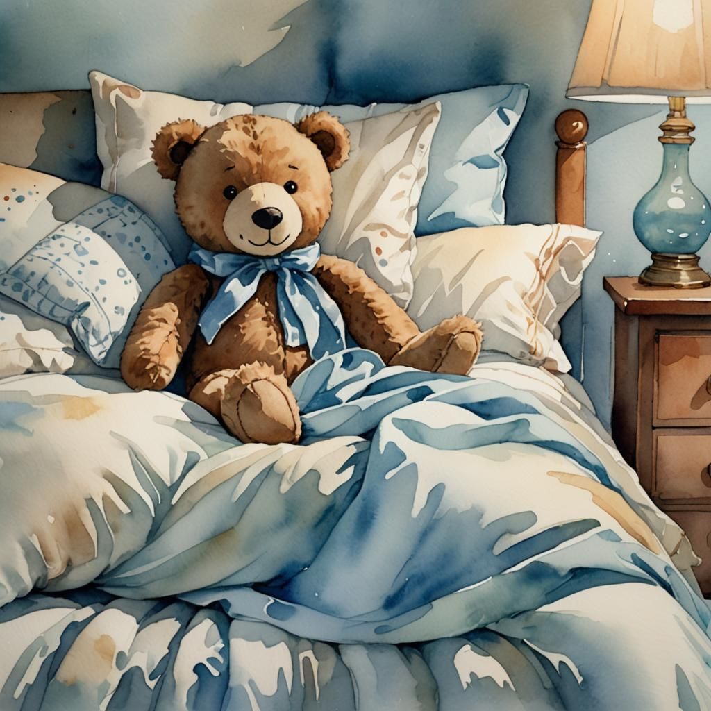 Soft Watercolor Whimsical Scene of a Sleeping Teddy Bear in....