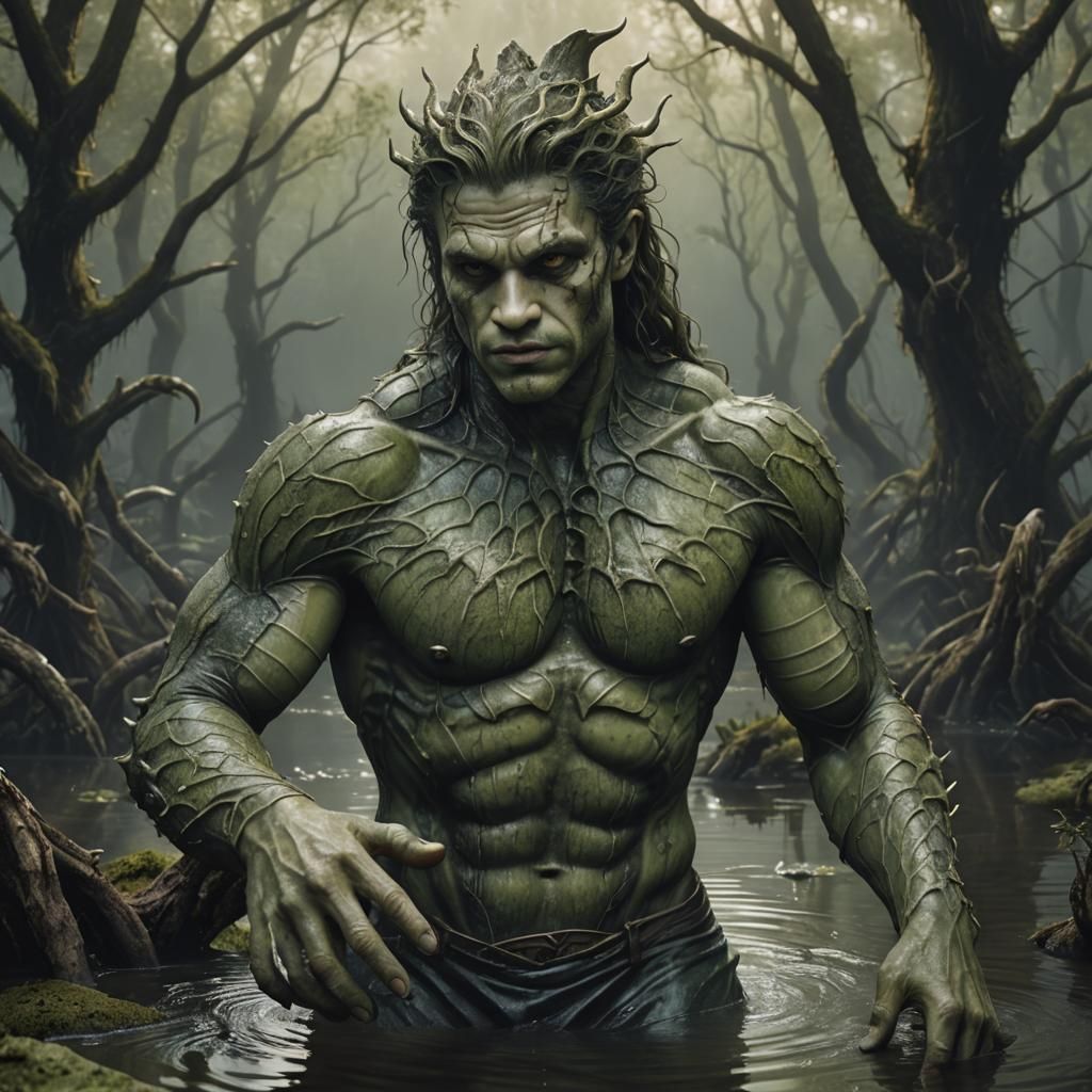 Hyperrealistic Dark Fantasy Merman in Mysterious Swamp
