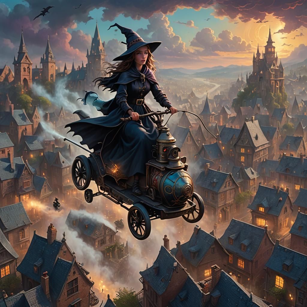 Surreal Witch Rides Vacuum Cleaner in Epic Fantasy Cityscape