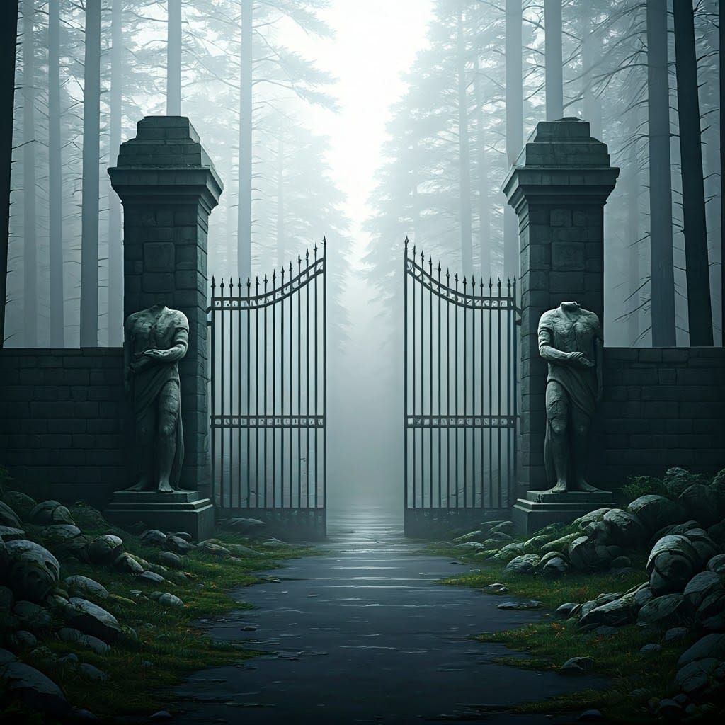 Foggy Road to Ancient Stone Gatehouse