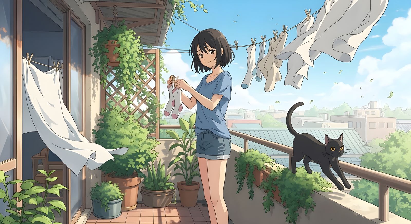 Anime Balcony Scene with Laundry and Cat