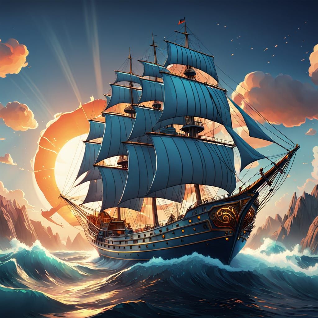 Fantastical Low Poly Ships at Sea in Digital Matte Painting