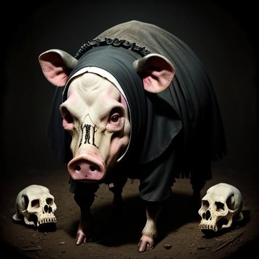 Surreal Nun and Cow Encounter in a Dark Cave