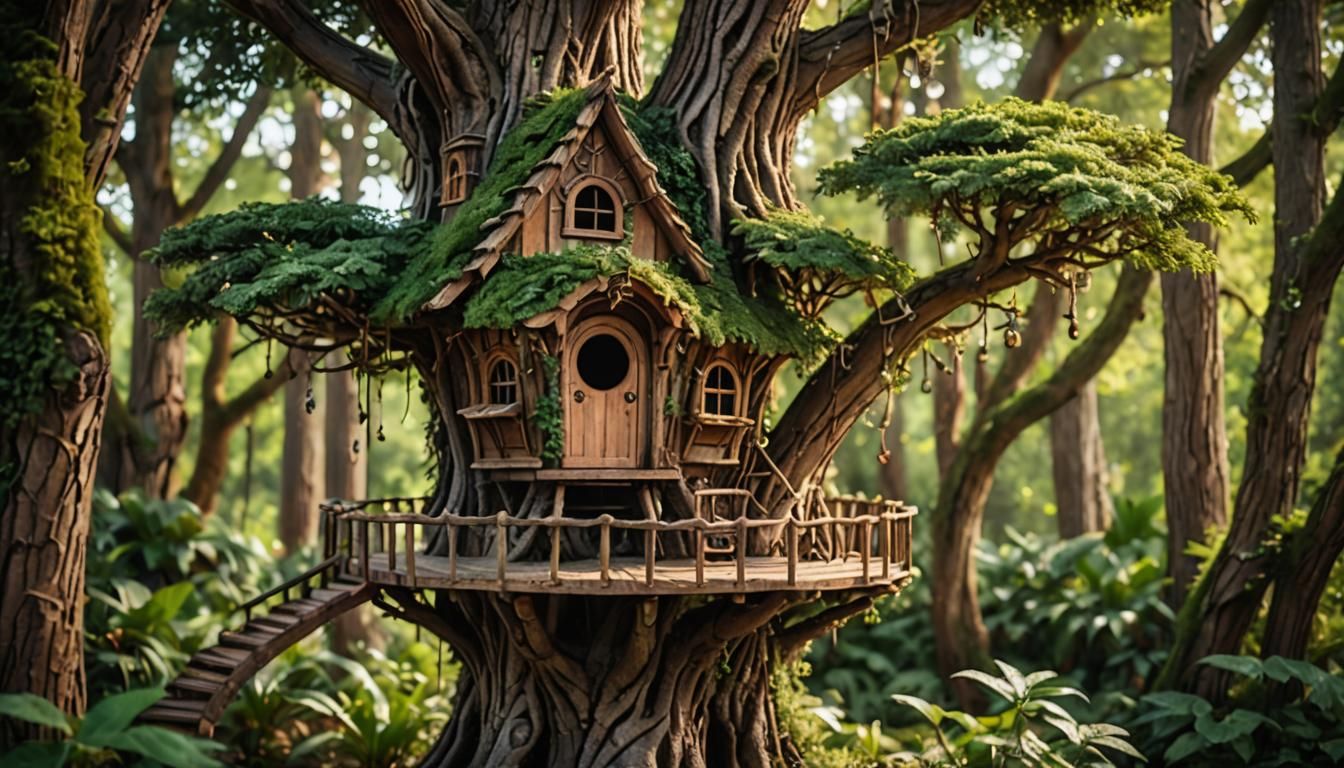 Whimsical Elven Treehouse Amidst Verdant Pine Tree Canopy