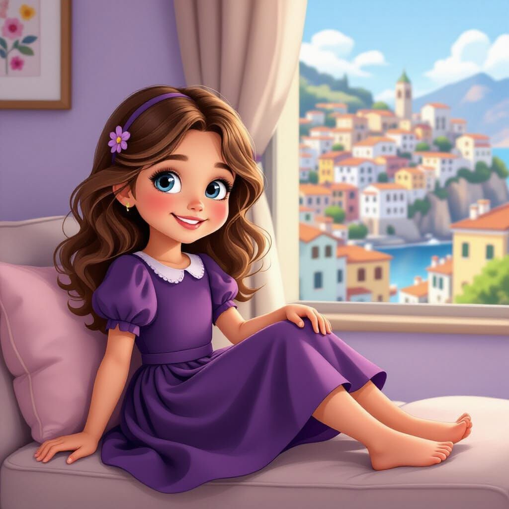 Italian Cartoon Girl on Couch in Retro 80s Living Room