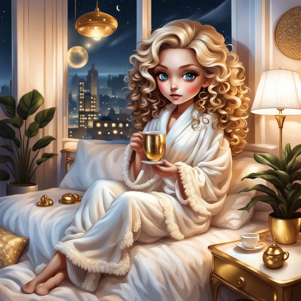 Luxurious American Chibi Woman in Elegant Bedroom