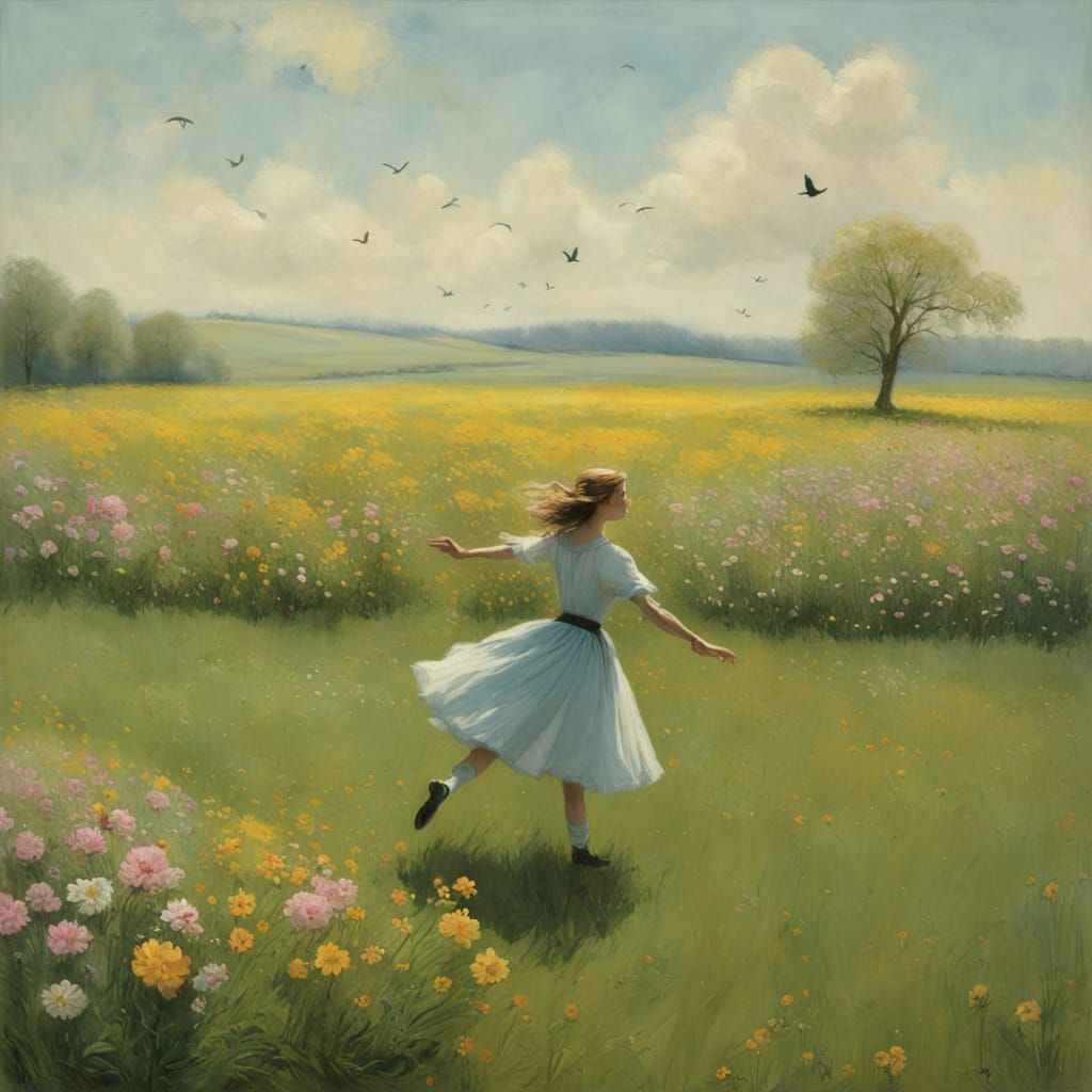 Whimsical Spring Dancer in a Colorful Meadow