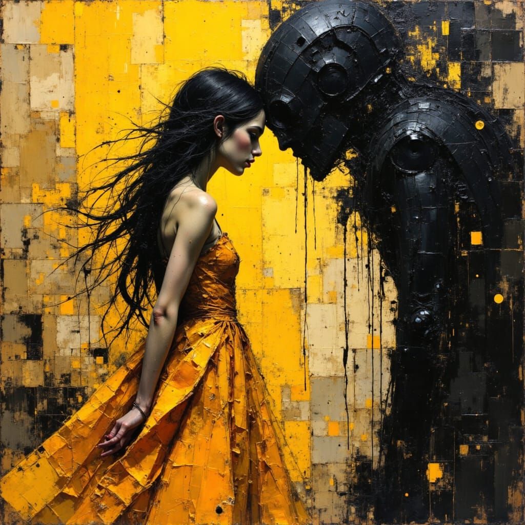 Dramatic Encounter with Shadowy Figure in Abstract Impasto S...