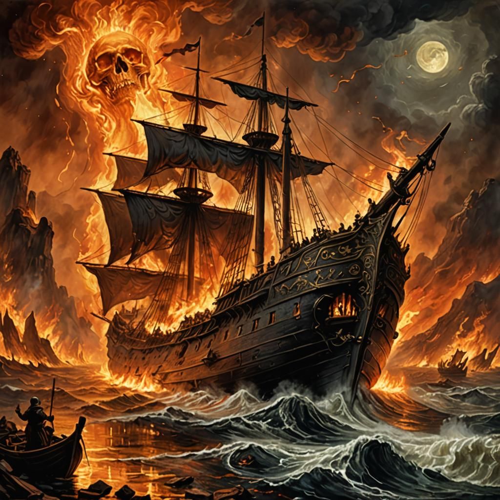 Charon's infernal ship navigating on fire or magma carrying ...