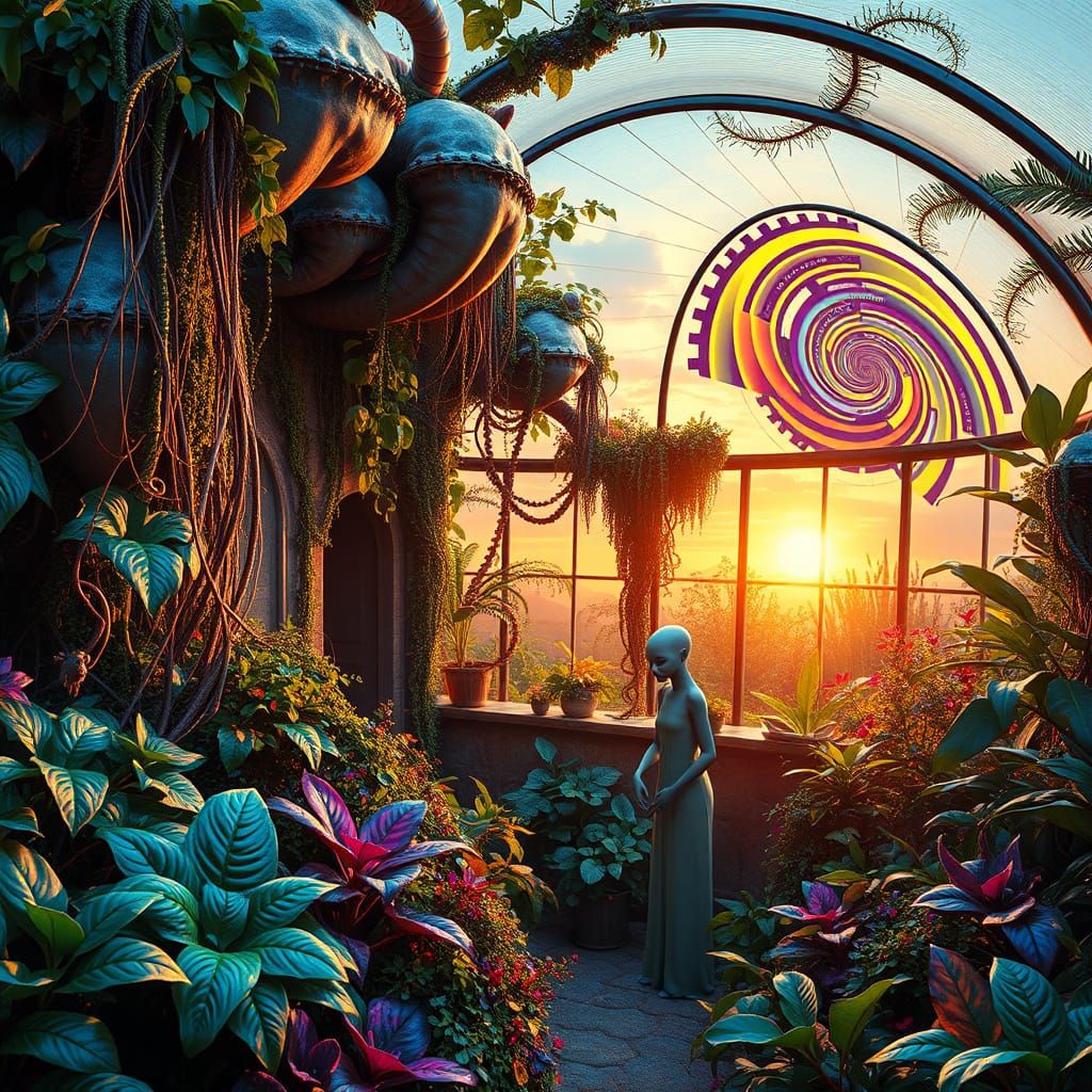 Ethereal Rustic Greenhouse in Vibrant, Iridescent Hues