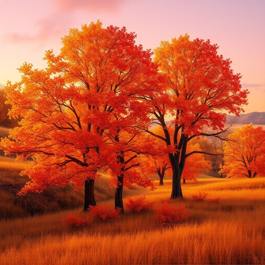 Golden Autumn Landscape in Computational String Art Style