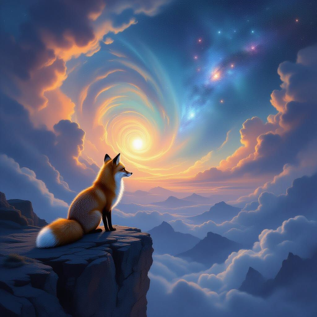 Moonlit Fox Gazes at Nebula Sky in Romantic Painting Style