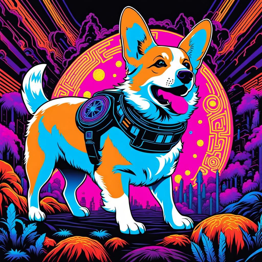 Cyborg Corgi Battles Predator in Trippy Neon Labyrinth