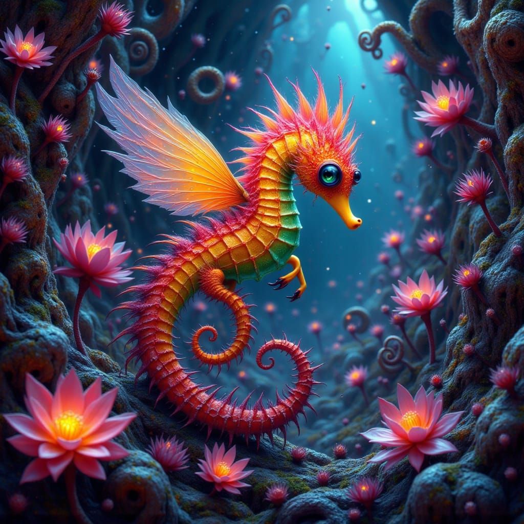 Glowing Seahorse with Wings in Crystal Cave