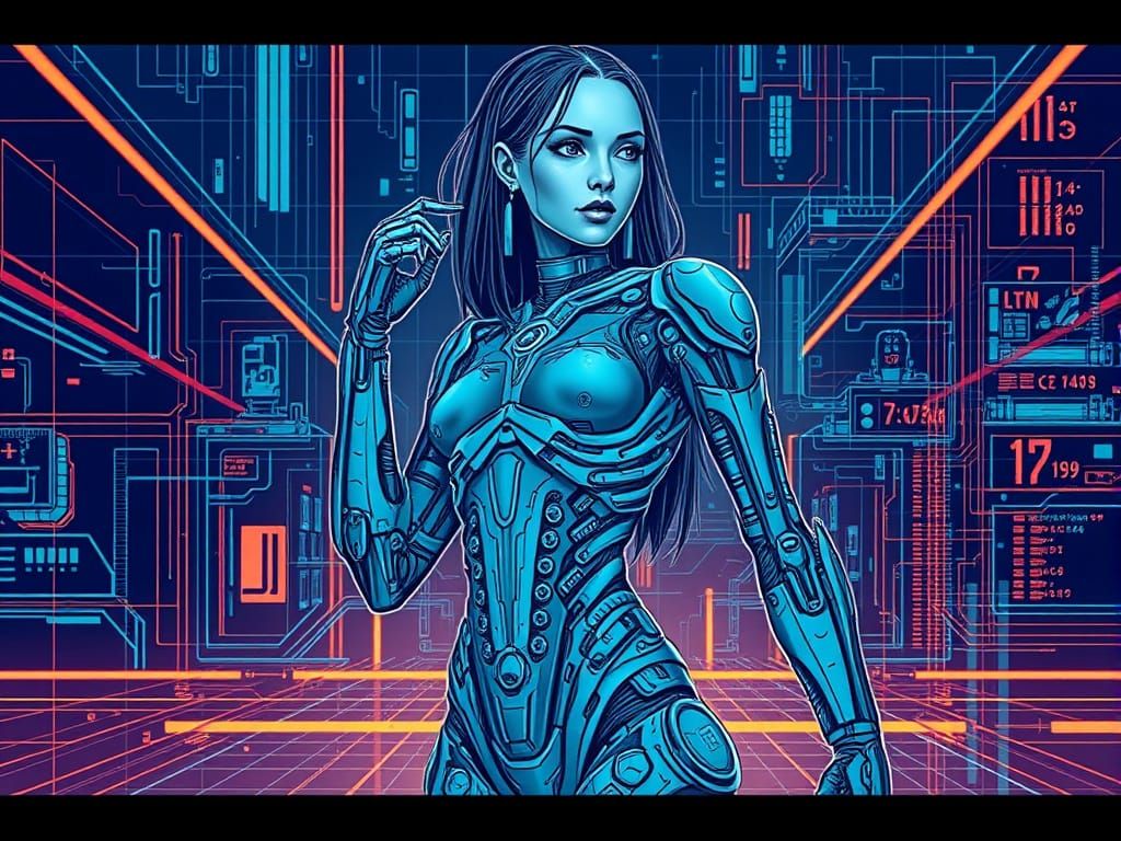 Cyborg Woman in Glitch Art Blueprint Style