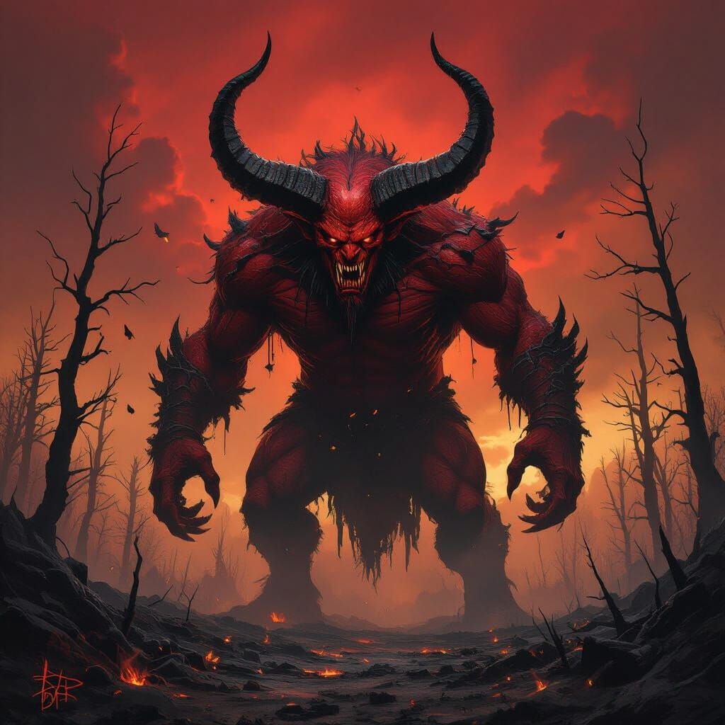 Enormous Horned Demon in Burnt Forest