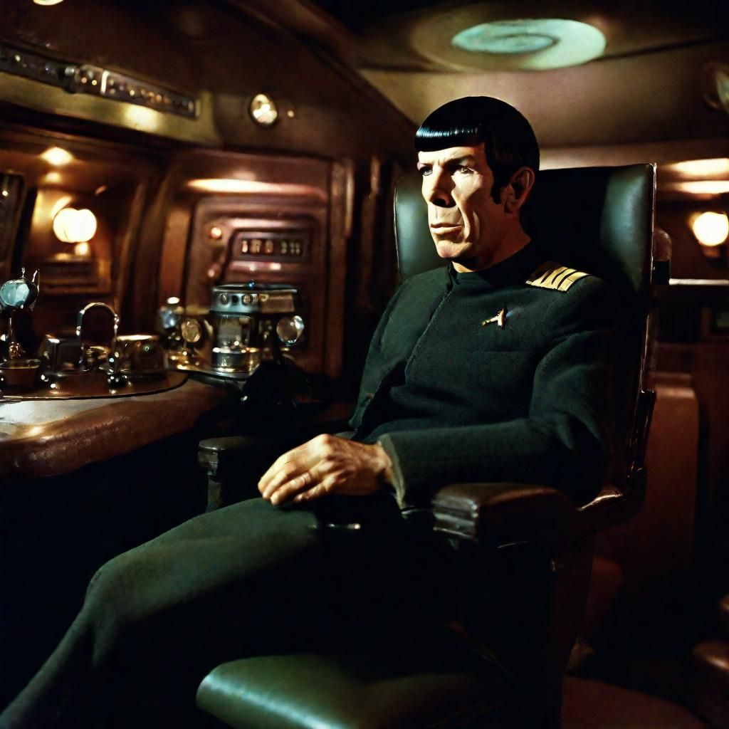 Steam punk  Mr. Spock  sitting in the captains chair
