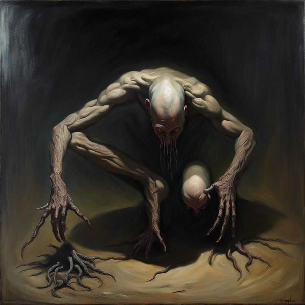 Surreal Horror Painting of Worm Man Hybrid Rising from Groun...